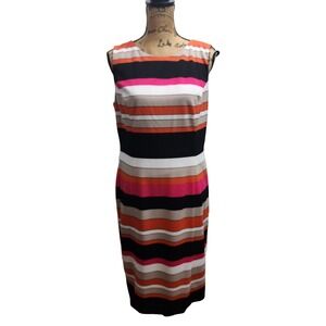 Kasper Sheath Dress Size 12 Black Pink Orange Stripe‎ Sleeveless Career
